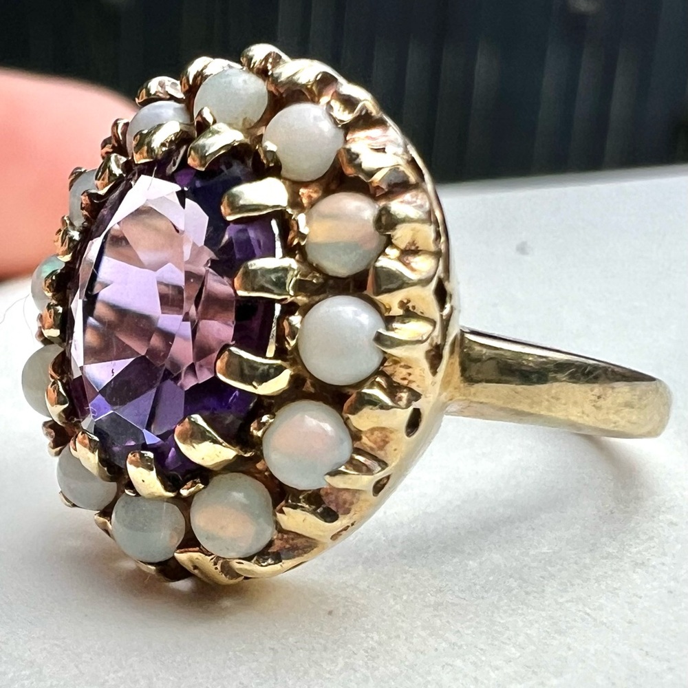 Vintage Amethyst and Seed Opal 10k Gold Ring Size 5.5/6 Estate Hallmarked - Picture 5 of 16